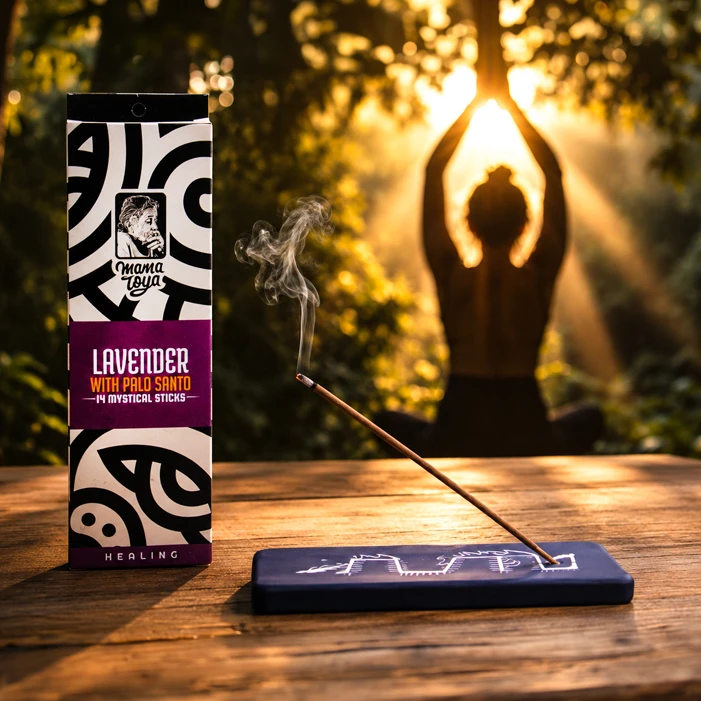 Lavender with Palo Santo incense stick burning during a peaceful purification ritual